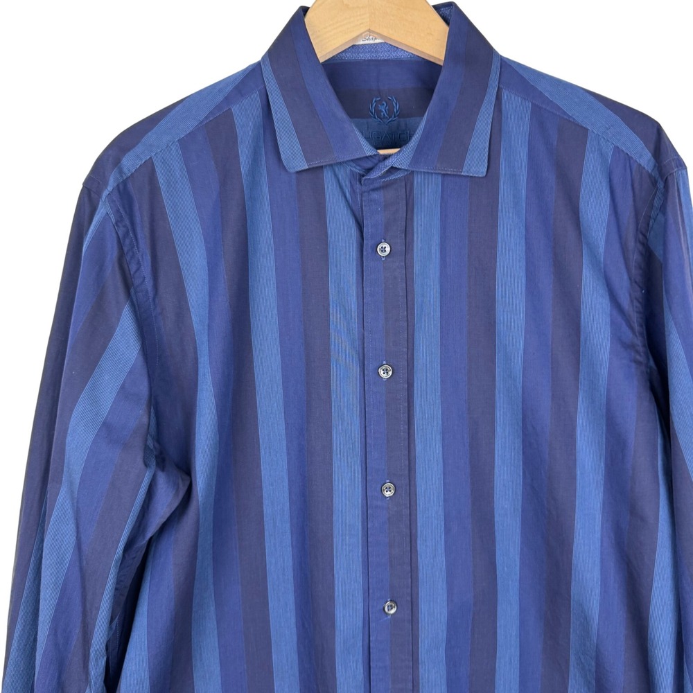 Bugatchi Mens XL‎ Blue Striped Long Sleeve Button Down Shirt Shaped Fit Cotton